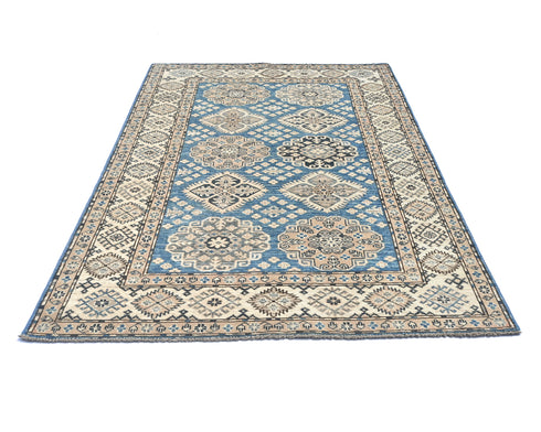 4x6 Ft Blue Kazak Afghan Hand Knotted Geometric Design Wool Area Rug